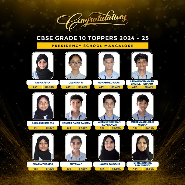 CBSE Garde 10 Toppers 2024-25 - Presidency School Mangalore